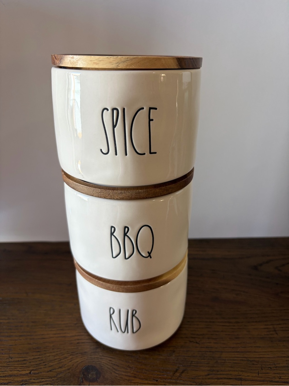 Rae Dunn Cream Ceramic Stackable Spice, BBQ & Rub Canisters with Wood Lids